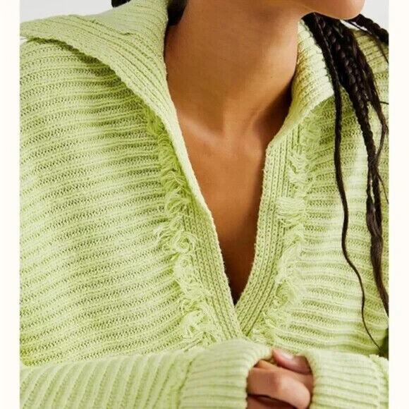 Free People Marlie Slouchy Oversized Sweater Ribbed V-Neck Lime Green Size Large - Picture 3 of 16
